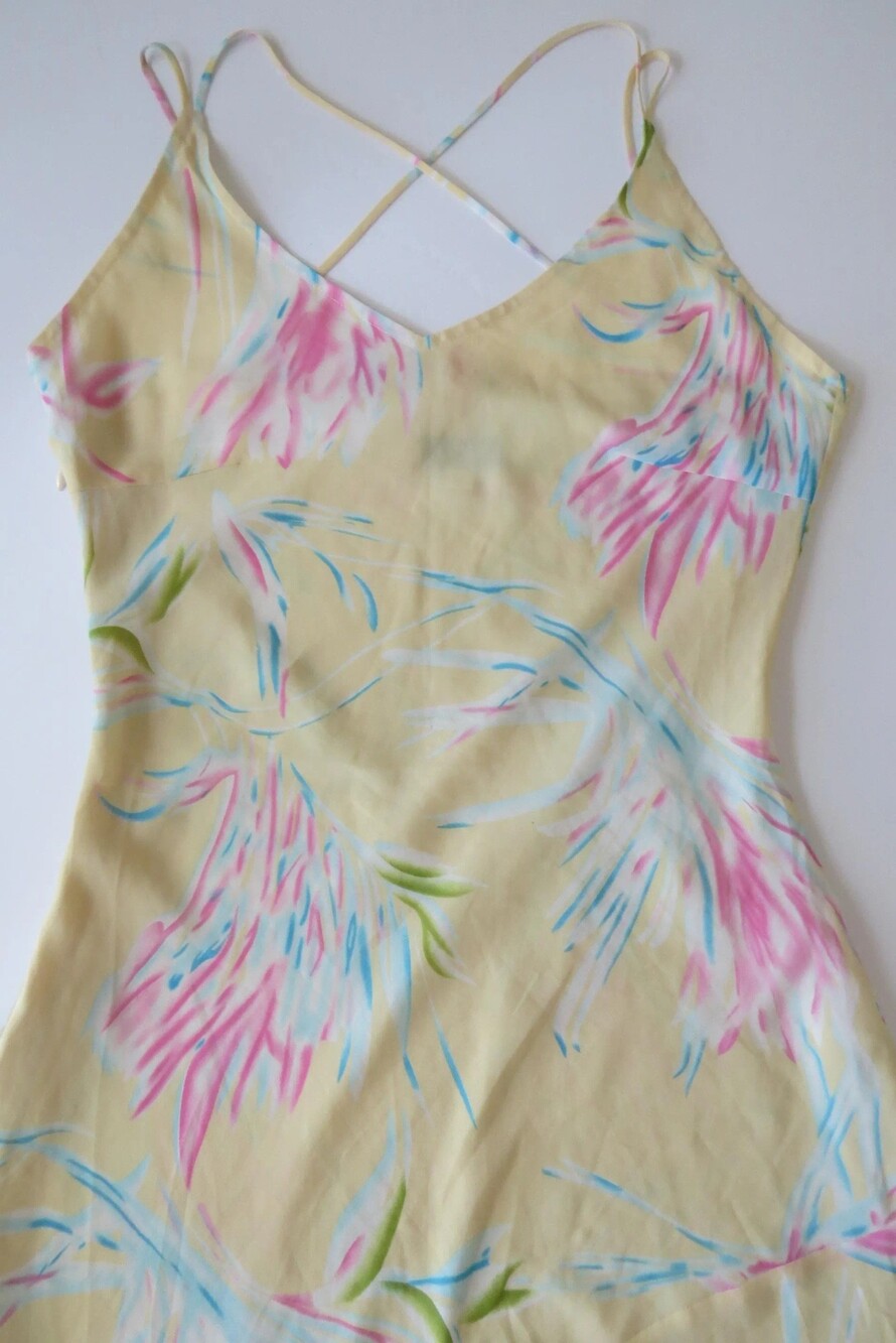 Vintage Italian Butter Yellow Floral Chiffon Sundress, Cross Back, Lined Chiffon